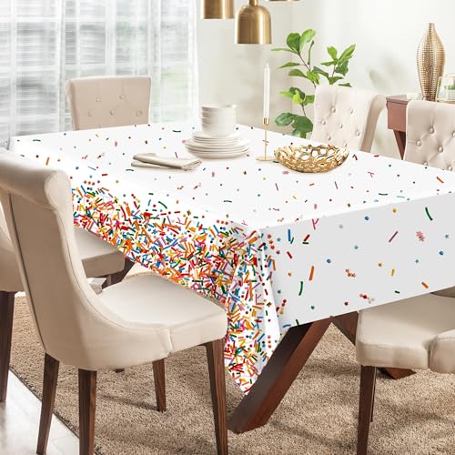 Kochorie 2 Pack Confetti Sprinkle Table Cover Disposable Plastic Birthday Party Tablecloth 54 x 108 Inch, Rectangle Table Cover for Party Decorations, Weddings, Ice Cream Theme Supplies - style: Confetti Sprinkle