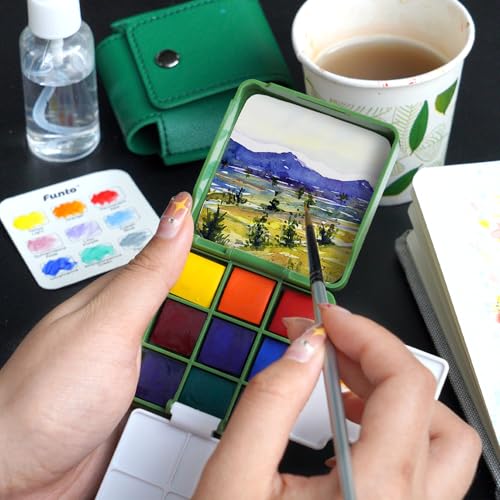 Funto Mini Watercolor Travel Set, Travel Kit with 2 Foldable Palettes, 9 Colors, Mini Color Paint Set for Creative Artists - style: Basic Set