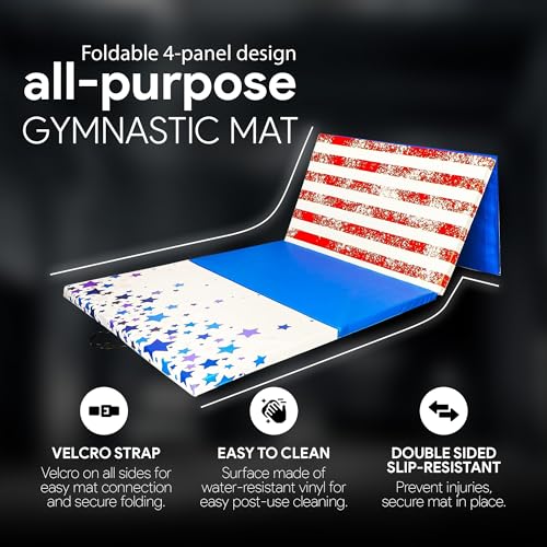 BalanceFrom 10x4 Feet 4-Panel Folding Gymnastics Mat – 2-Inch Thick Pad with Vinyl Surface and Carrying Handles for Tumbling, Yoga, Pilates, Home Workouts, and Martial Arts - color: Star-Stripe