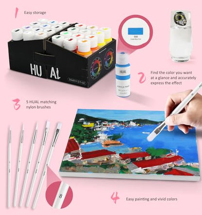 Acrylic Paint Set With 5 Brushes, 24 Colors (60ml, 2oz) for Artists Kids Beginners & Painters,Model/Canvas/Rock/Fabric/Glass/Stone/Ceramic/Wood Painting, Non Toxic - color: Clear Bottle