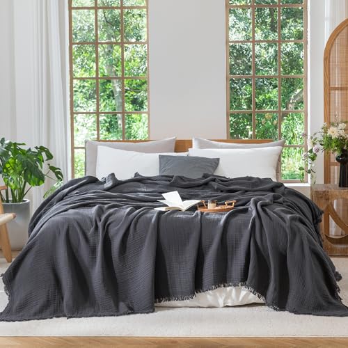 MooMee 100% Cotton Muslin Blanket Fringed 4-Layer Gauze Bed Throw, Queen - color: Dark Grey, size: Queen