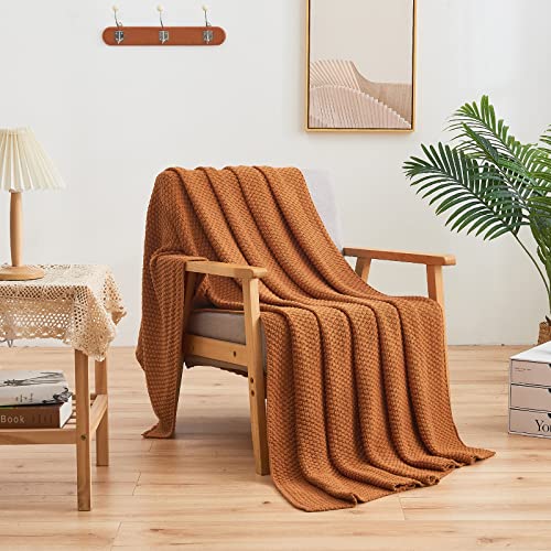 Longhui bedding 100% 면 니트 담요 - 번트 오렌지, 부드럽고 아늑함, 세탁기 사용 가능, 152.4cm x 203.2cm(60 x 80인치) - 거실, 소파, 침대 또는 여행에 적합 - color: 번트 오렌지., size: 60" x 80", Oversized