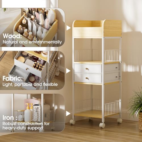 4-Tier Rolling Cart with Drawers, Mobile Storage Organizer | Steel Frame & Wood Shelves, Smooth-Rolling Lockable Casters, Easy Assembly, Organizes Makeup, Skincare & Household Essentials