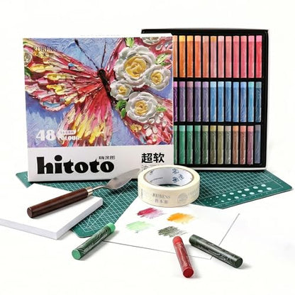 rubens 81 PCS Macaron Soft Oil Pastels Kit for Beginner Drawing | 48 Macaron Colors Soft Oil Pastels in Box with Palette Knife, Base Board, Tape, 30 Sheets Oil Pastel Paper - color: 48 Macaron Colors Set