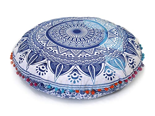 CRAFT KALA 22" Round Mandala Boho Pillow Cover Meditation Room Seating Poufs Cover for Living Room Yoga Room Home Bedroom Balcony Garden Party Decoration Cotton Floor Cushion Cover (Blue Trishul) - color: Blue Trishul