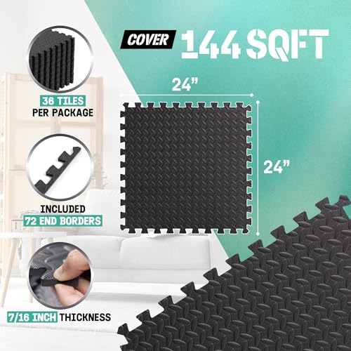 Yes4All 24SQFT-120SQFT Puzzle Exercise Mat for Home Gym, EVA Interlocking Foam Floor Tiles with Border for Workout Equipment - color: Black, style: E. 7/16" Thick, 144SQFT