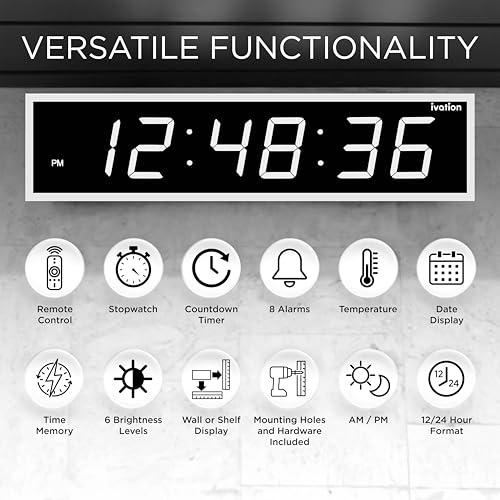 Ivation Oversized Digital Wall Clock with Large LED Display & Timer, 48" | Multi-function with Timer, Stopwatch, Alarms, Temp & Date, Aluminum frame, 6 Brightness levels, Time memory, Remote | White - color: White, size: 48" Inch