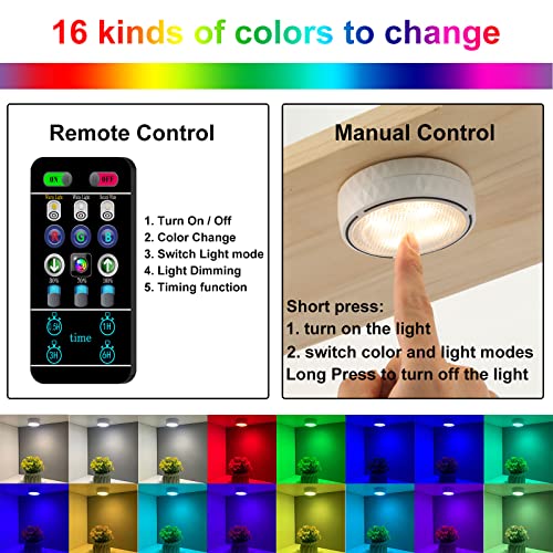 Onumii LED Puck Lights Battery Operated LED Under Cabinet Lighting Wireless Stick on Tap Lights with Remote Controll Color Changing Timer Function for Cabinets, Shelves, Closets - 6Pack White | 3x1.2in, Wireless, Adhesive Stick on, Push Tap for Cabinet, K
