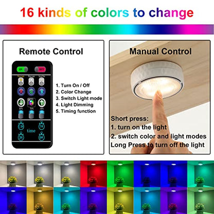 Onumii LED Puck Lights Battery Operated LED Under Cabinet Lighting Wireless Stick on Tap Lights with Remote Controll Color Changing Timer Function for Cabinets, Shelves, Closets - 6Pack White | 3x1.2in, Wireless, Adhesive Stick on, Push Tap for Cabinet, K