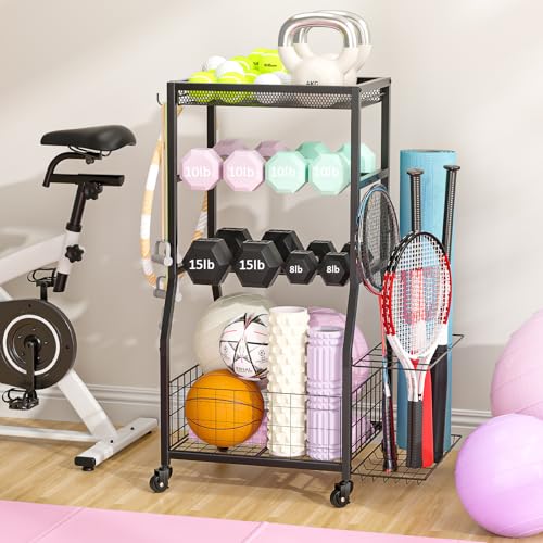 Home Gym Storage Rack, Dumbbell Rack with Yoga Mat Storage, Weight Rack Stand with Lockable Wheels and Hooks, Home Workout Equipment Organizer for Yoga, Dumbbell, Kettlebells, Ball Storage - size: Small