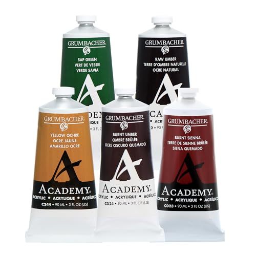 Grumbacher Academy Professional Acrylic Paint Set of 5 90ml Earth Tones Colors - Metal Tubes - Heavy Body Professional Grade Artist Paint with Genuine and Pure Pigments - ASTM Lightfast Colors - color: Earth Tones, size: 5 Count (Pack of 1)
