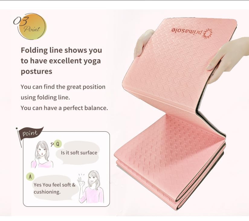 Primasole TPE Folding yoga mat Travel Double side Non-Slip Lightweight Pilates & Floor Workouts6mm thick Pink Color PSS22NH014A