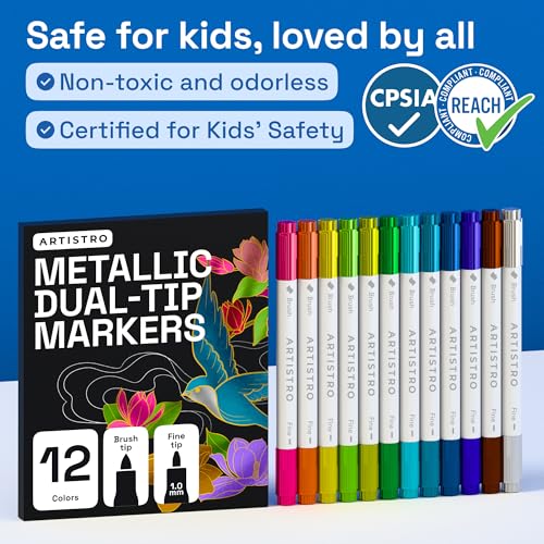 ARTISTRO 12 Metallic Dual-Tip Acrylic Paint Marker Pens for Drawing | For Fabric, Rock, Glass, Wood, & Molds, Arts & Crafts Gift for Adults, Teens, & Kids, Classroom Must Haves & School Supplies