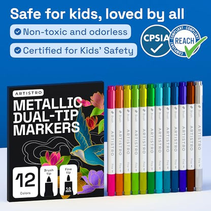 ARTISTRO 12 Metallic Dual-Tip Acrylic Paint Marker Pens for Drawing | For Fabric, Rock, Glass, Wood, & Molds, Arts & Crafts Gift for Adults, Teens, & Kids, Classroom Must Haves & School Supplies