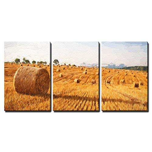 wall26 - 3 Piece Canvas Wall Art - Oil Painting Summer Landscape - Hay Bales on The Field After Harvest - Modern Home Art Stretched and Framed Ready to Hang - 16"x24"x3 Panels - color: Artwork - 13, size: 24" x 16" x 3 Panels
