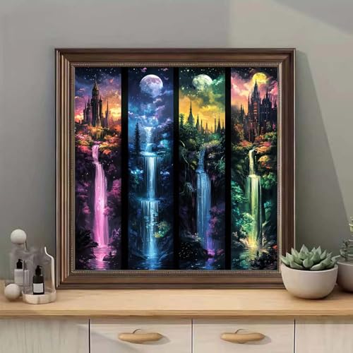 Moon With Castle Waterfall Diamond Painting Kits for Adults,5D Full Drill Mosaic Diamond Art Kits for Beginner, DIY Diamond Dots Paintings With Arts Craft For Adults Home Decor 13.8×13.8Inch - color: Moon Castle Waterfall