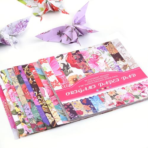 Origami Paper 50 Sheets, 6-Inch Square Double Sided Colored Craft Paper | 70GSM colorful paper,50 Vivid Pattern Origami Kit,DIY Hand Crafts,Arts Creativity,Easy to Fold,No-Fading.Rose - color: 50 sheets-rose