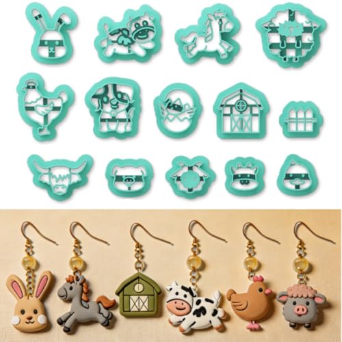ORIGACH 14 Pcs Farm Animal Clay Cutters Set | Animal Shape Polymer Clay Cutter for Earring Making, Cow Rabbit Chicken Pig Lion Farm House Clay Cutters for Jewelry Making - style: Farm Animals