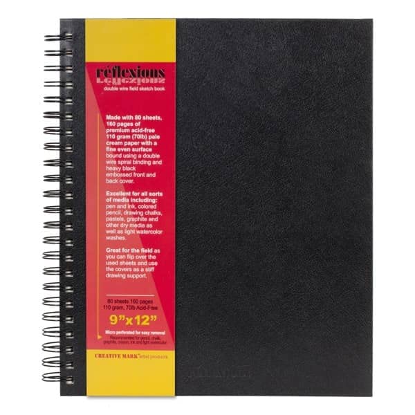 Creative Mark Double Wire Spiral Bound Field Sketch Book [Pack of 12-9" x 12"], Black Embossed Leatherette Journal, Light Cream Acid-Free Paper, Perfect for Dry Media and Drawing - size: 9" x 12" - 12 Pack
