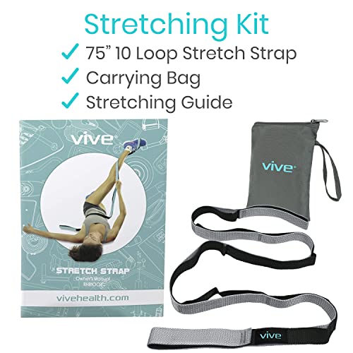 Vive Stretch Strap (75" - 10 Loops) - Leg Stretch Band to Improve Flexibility - Stretching Out Yoga Strap - Exercise and Physical Therapy Belt for Rehab, Pilates and Gymnastics with Guide Book - color: Gray