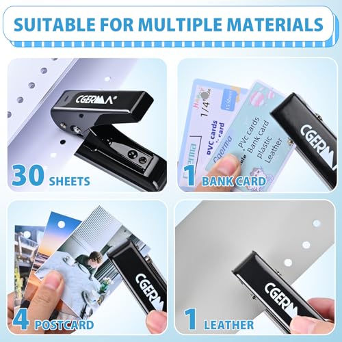 Single Hole Punch, 30 Sheet Capacity, with 10 Pcs Loose Leaf Binder Rings, Heavy Duty Paper Hole Puncher, 1/4" Hole Punches, 60% Labor Savings for for ID Cards, Chipboard Art Projects, Black - color: Black Binder