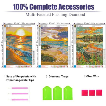 OFRKE Diamond Painting Kits for Adults,3 Pack Sunset Ocean Diamond Art for Beginners, Diamond Round 5D Full Drill Paint with Diamonds Pictures Gem Art Painting Kits DIY Crafts Kits 12x16inch - color: 3pcs-Sunset Ocean