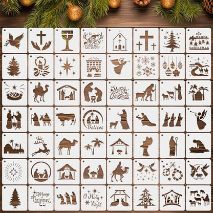 Augshy 56 Pack Flower Stencils for Painting, 3 Inch Small Floral Template | Butterfly and Bird Designs, Floor Decor DIY Projects, Rock Dot Art Crafts, Reusable Templates, Multi-Surface Application - style: Nativity