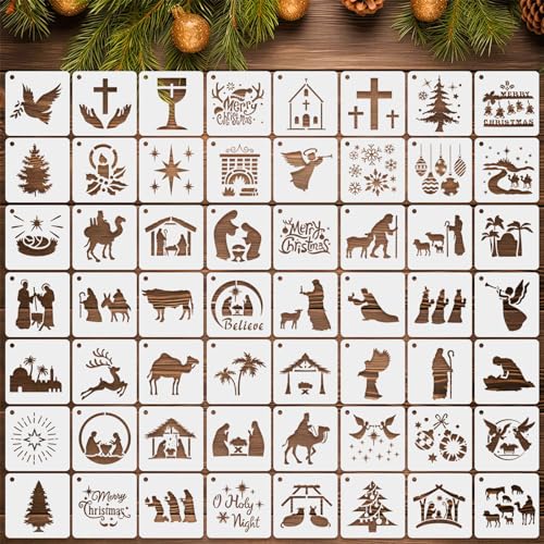 Augshy 56 Pack Flower Stencils for Painting, 3 Inch Small Floral Template | Butterfly and Bird Designs, Floor Decor DIY Projects, Rock Dot Art Crafts, Reusable Templates, Multi-Surface Application - style: Nativity