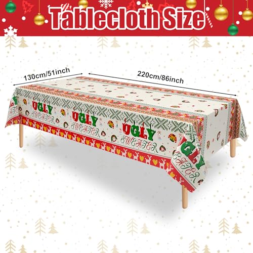 3Pcs Christmas Ugly Sweater Party Tablecloth, 51 x 86 Inch Xmas Snowflake Plastic Table Cover, Disposable Christmas Table Cloths for Winter, New Year, Ugly Sweater Party Decorations - color: Ugly Sweater