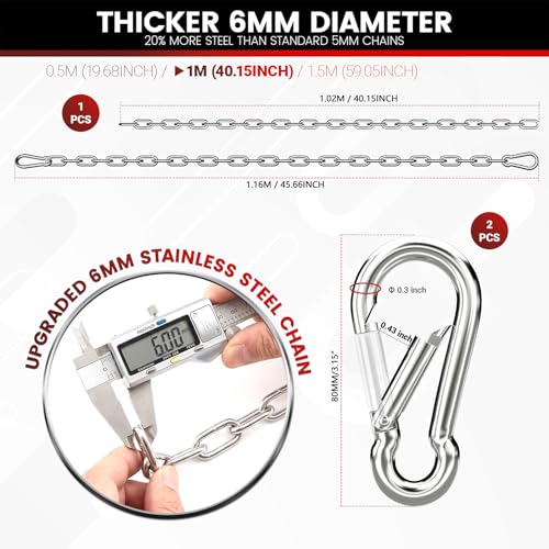 sprookber 45" Hanging Swing Chain,1000 lb Capacity,6 mm 304 Stainless Steel | Hardware Kit with 2 Carabiner for Hammock Chair, Porch Swing, Punching Bag, Aerial Yoga, Tire Swing, Gym, Tree,Indoor,Outdoor - color: Silver, size: 1 PACK 45inch