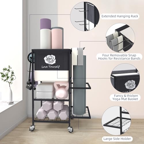Yoga Mat Storage Rack，Home Gym Storage Rack Gym Workout Equipment Storage Organizer Fitness Weight Rack on Wheels for Yoga Mat,Yoga Block,Foam Roller,Resistance Band,Dumbbell,Kettlebell and Other Workout Accessories - color: Black