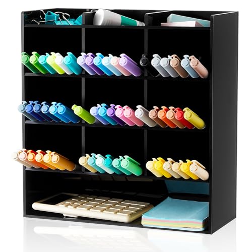 MotiMind Acrylic Pen and Marker Organizer for 150 Markers | 13 Compartments, Vertical Marker Pencil Organizer, Acrylic Pen Display Holder, Art Supply Storage for Desk Stationery, Black - color: Black, size: 10.2 x 4 x 9.8 inch, style: 150 Markers
