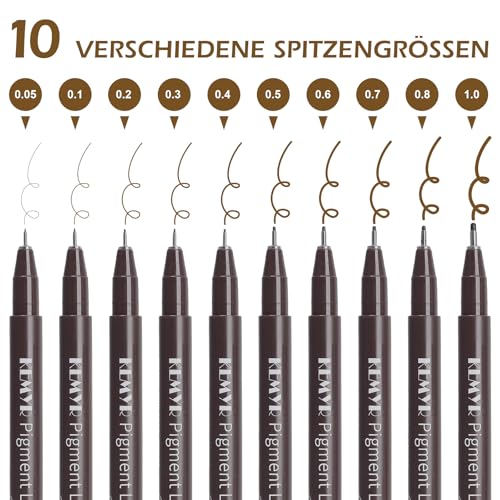 KEMYR 10 Sizes Brown Fineliner Micro Drawing Pens, Waterproof Pigment Ink | Archival Ink,AP Certified,With Case,0.05-1.0mm, for Illustration,Journaling,Sketching,Manga,Drawing,Artists And Beginners - color: Brown Micro Pens 10 SIZES,0.05-1.0mm, style: 10