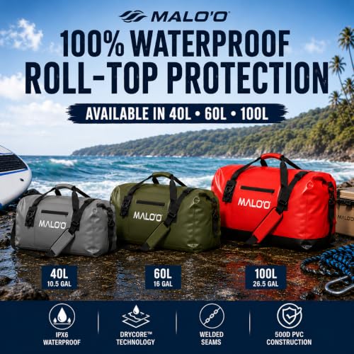 Malo’o Waterproof Dry Duffel, Heavy-Duty Roll Top Waterproof Gear Bag with Shoulder Strap & Molle Loops, Marine Duffel for Kayaking, Boating, Camping, Beach & Travel, Grey, 100L - color: Grey, size: 100L