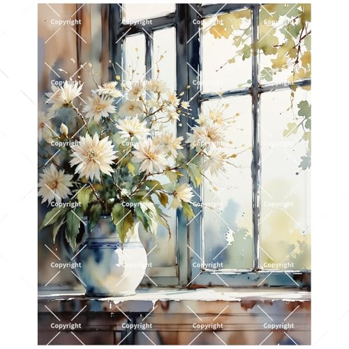 Floral Window Paint by Numbers Kit for Adults - DIY White Daisy Painting on Canvas, Acrylic Paint Set, Suitable for Beginners, Art for Home Decoration or Gifts.(12X16IN Framed) - color: HSX00002, size: 12X16IN Framed