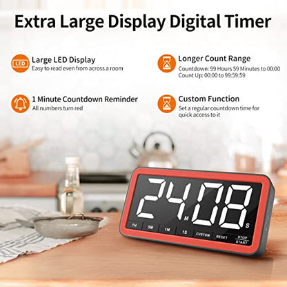 VOCOO Large 7.8" Digital Timer, Magnetic LED Timer for Kitchen & Classroom | USB-C Rechargeable, Up to 99 Hours Count Up & Countdown Timer with 3 Brightness Levels, 4 Alert Modes and 3 Volume Levels - color: Black Red