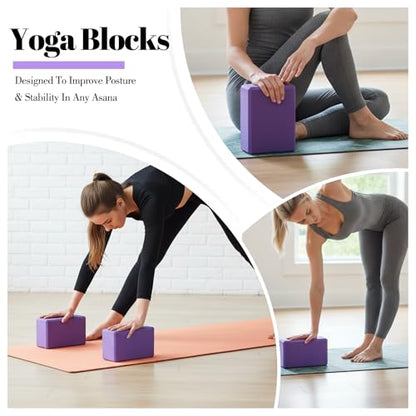 5 Pcs Yoga Blocks Knee Pads Yoga Strap Set, Soft Premium Foam Blocks Accessories for Pilates Meditation General Fitness Stability, Kneeling, Balance, Deepen Stretches and Toning (Purple)
