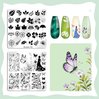 Biutee Nail Stamping Plate 15 PCS Nail Stamping Kit with Nail Stamper | Nail Art Stamping Plate with Scraper & Storage Bag, Nail Stamper Kit Star Bowknot Love Butterfly Leaf Design for DIY Nail Art - color: 19 Piece Set