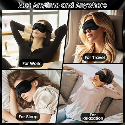 100% Pure Mulberry Silk Eye Mask - 22 Momme Adjustable Strap, Light Blocking, Silk Storage Bag & Gift Box - for Sleep/Travel/Gift, Sensitive Skin Friendly (Black)