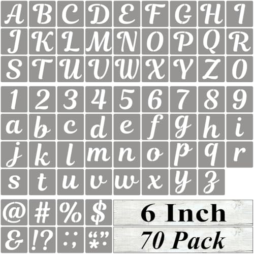 6 Inch Letter Stencils for Painting - 70 Pack Alphabet Letter and Number Stencil Templates with Signs for Painting, Reusable Cursive Alphabet Stencils for Chalkboard Wood Crafts & Wall Decor - size: 6 Inch