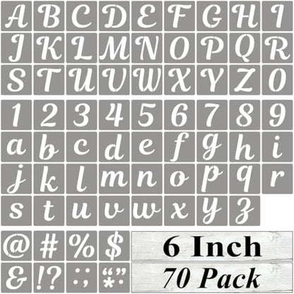 6 Inch Letter Stencils for Painting - 70 Pack Alphabet Letter and Number Stencil Templates with Signs for Painting, Reusable Cursive Alphabet Stencils for Chalkboard Wood Crafts & Wall Decor - size: 6 Inch