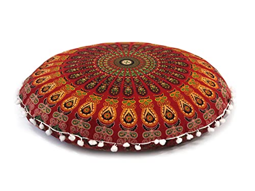 CRAFT KALA 22 Inch Round Mandala Floor Pillow Cushion Cover Seating Throw Cover Hippie Decorative Bohemian Ottoman Poufs Cover Pom Pom Pillow Cases Boho Cotton Living Room Yoga Home Décor (Red Mirchi) - color: Red Mirchi