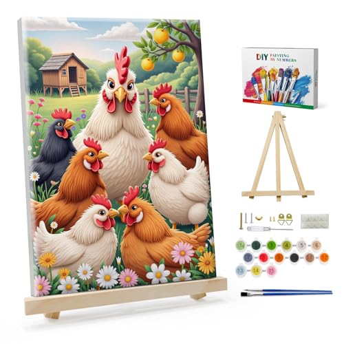 SparkGlow Chickens Paint by Number Kits for Adults with Frame, 8×12 Inch | Animal Painting by Number, Include Easel, HD Canvas, Relax and Enjoyable, Number Painting for Gift, Home Decoration - color: Chicken022