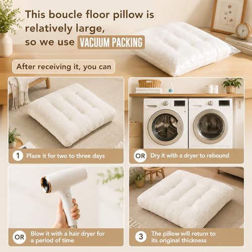 Jerify 2 Pcs 22 x 22 x 3.5 Inch Cream Boucle Floor Pillow Cushions for Adults, Large Square Floor Pillow for Meditation, Plush Tufted Seating Pad for Living Room Balcony Tatami