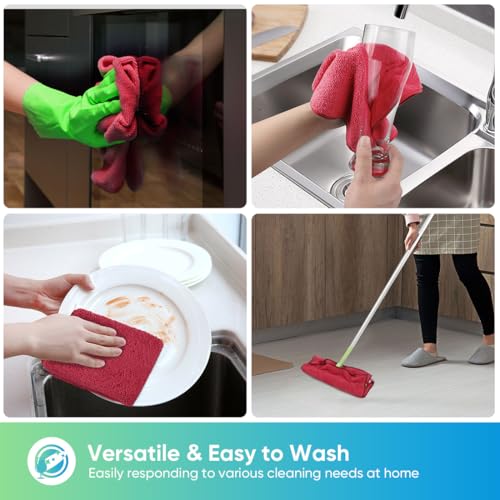 HOMEXCEL Red Microfiber Cleaning Cloth, Microfiber Towels for Car, 12 Pack | Lint Free Cleaning Rags for Household, Kitchen, Car Wash Towels for Detailing Drying, Scratch-Free, 11.5"X 11.5" - color: Red