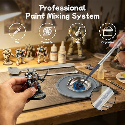 Professional Model Hobby Paint Mixing Palette Set – 12 Stainless Steel Paint Trays, 10pcs 3ml Pipette Eyedroppers, 2 Silicone Mats & Metal Paint Stirrers for Airbrush Kits, DIY Art & Hobby Painting