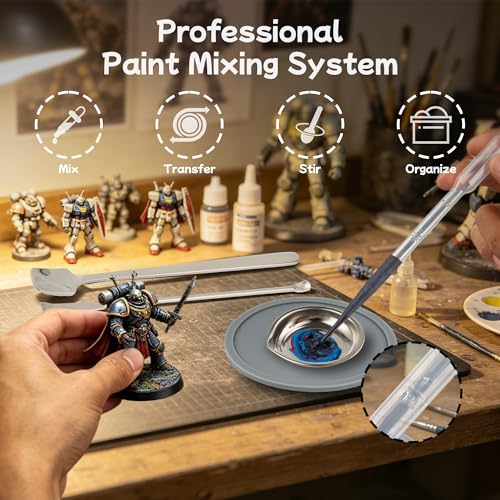 Professional Model Hobby Paint Mixing Palette Set – 12 Stainless Steel Paint Trays, 10pcs 3ml Pipette Eyedroppers, 2 Silicone Mats & Metal Paint Stirrers for Airbrush Kits, DIY Art & Hobby Painting
