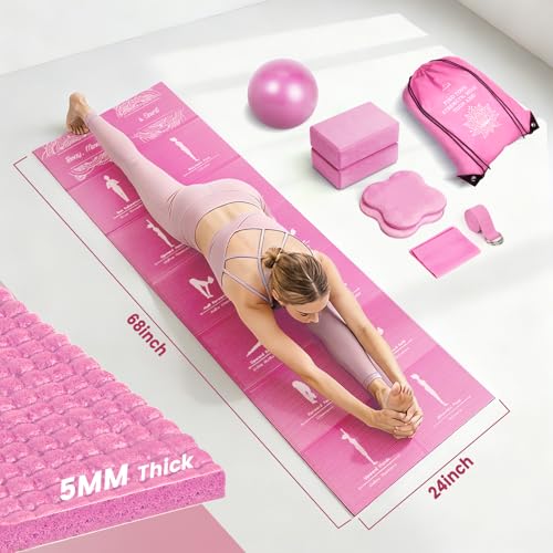 Foldable Non-Slip Yoga Mat and Blocks Set for Women, 9-Pcs Yoga Starter Kit - color: Pink