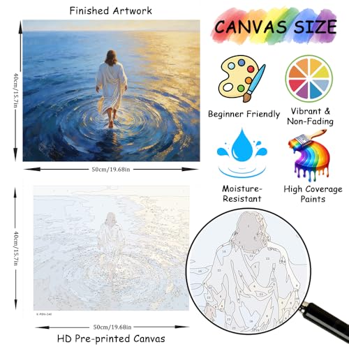 TFIAVSIN Christian Paint by Numbers Kit for Adults, Jesus Walking on Water with Ripples, Miracle on Calm Ocean Scene, Beginner-Friendly Painting by Numbers Canvas Art, 16x20 Inch - color: Jesus