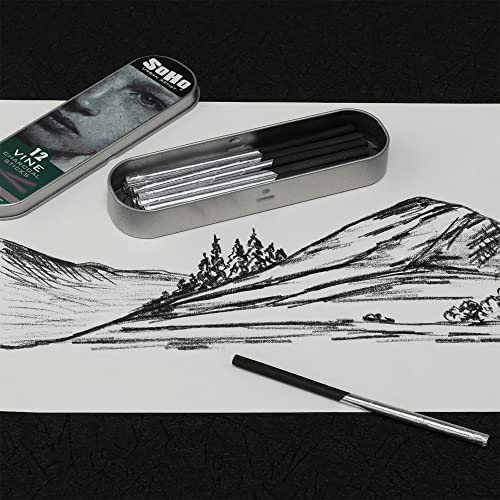 Soho Urban Artist Vine Charcoal - Drawing Charcoal for Artists, Students, Blending, Live Figure Drawing, & More! - [Black - Medium - 12 Pack]
